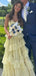 Elegant Spaghetti Straps Yellow Tulle A-line Long Evening Prom Dresses, MR9575