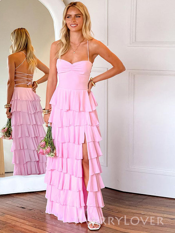 Floor-length Backless Pink Chiffon Long Evening Prom Dresses, A-line Prom Dress, MR9577