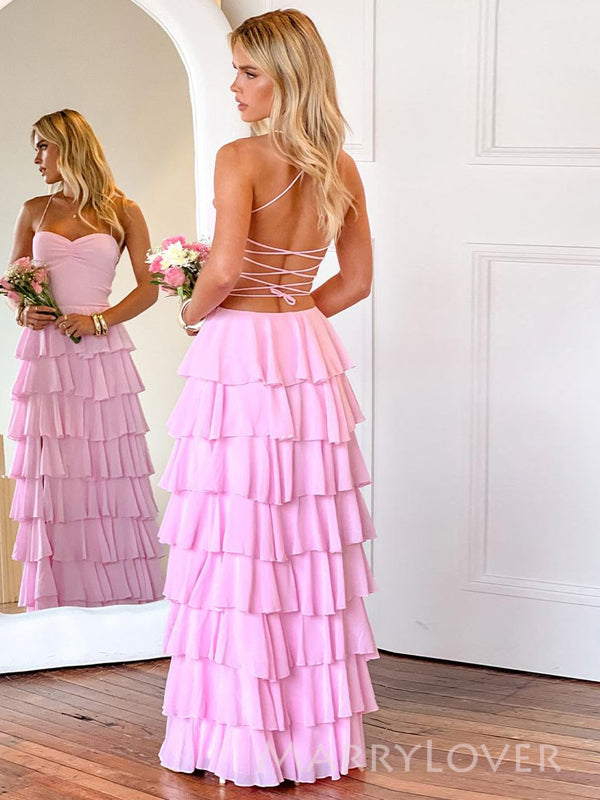 Floor-length Backless Pink Chiffon Long Evening Prom Dresses, A-line Prom Dress, MR9577