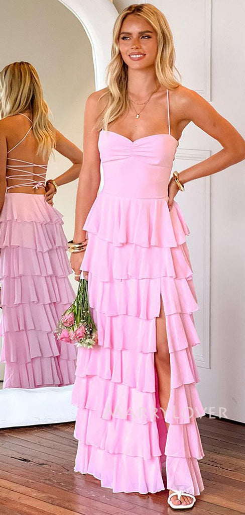 Floor-length Backless Pink Chiffon Long Evening Prom Dresses, A-line Prom Dress, MR9577