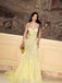 Spaghetti Straps Yellow Lace Mermaid Long Evening Prom Dresses, MR9606