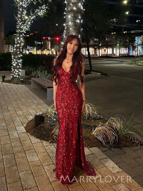 Sparkly Red Mermaid V-neck Long Evening Prom Dresses, MR9621
