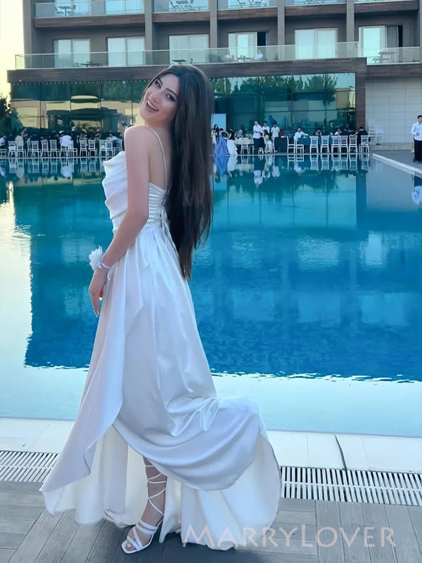 Floor-length Spaghetti Straps White Satin Long Evening Prom Dresses, A-line Wedding Dress, MR9641