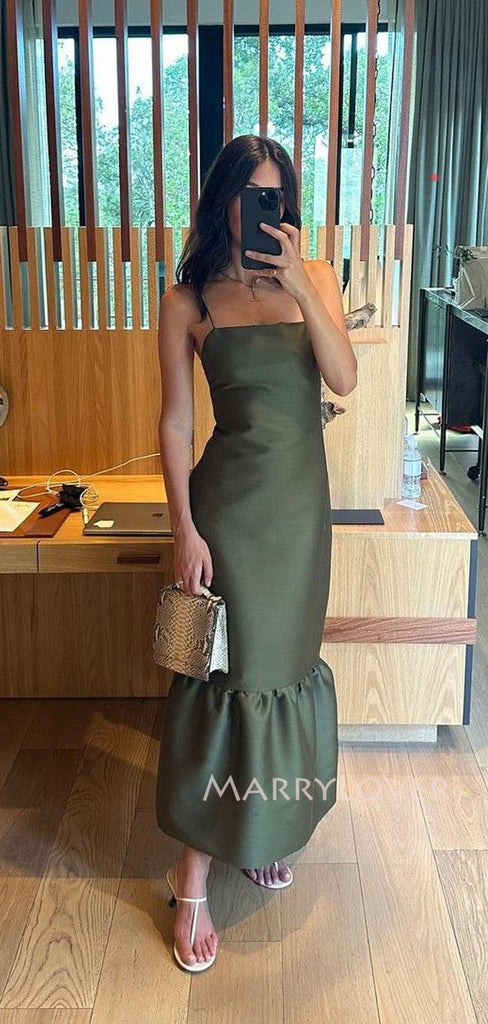 Lovely Spaghetti Straps Green Satin Long Evening Prom Dresses, MR9648