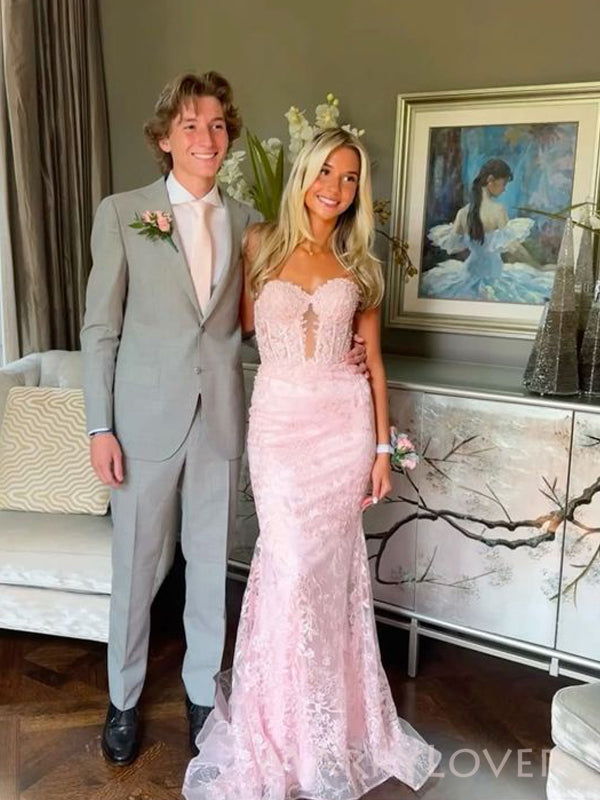 Sweetheart Pink Lace Mermaid Long Evening Prom Dresses, MR9650