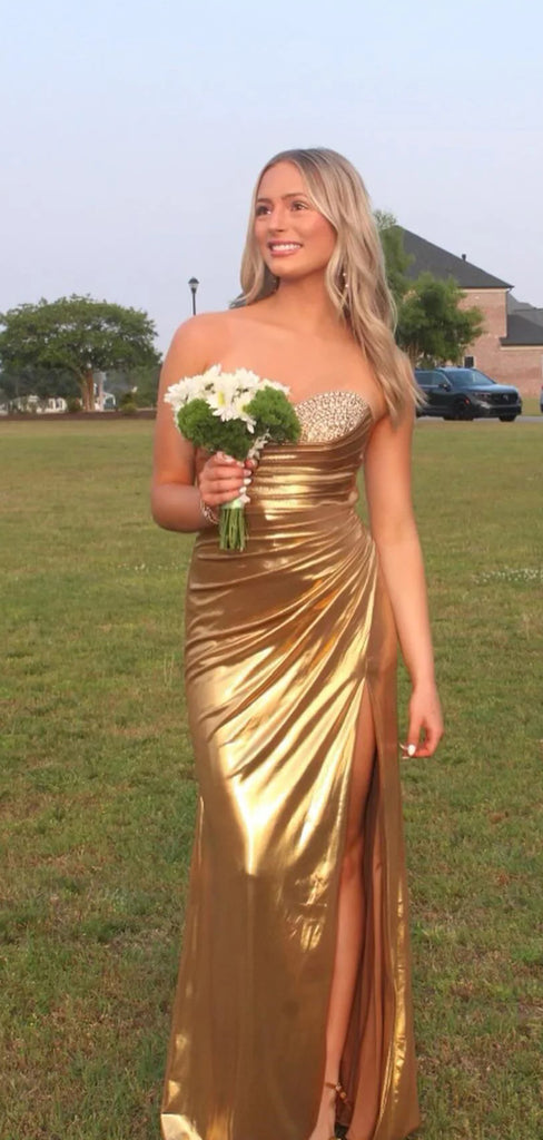 Unique Sparkly Gold Sweetheart Beaded Long Evening Prom Dresses, MR9658