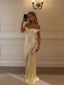 Simple Off Shoulder Yellow Satin Long Evening Prom Dresses, V-neck Prom Dress, MR9668