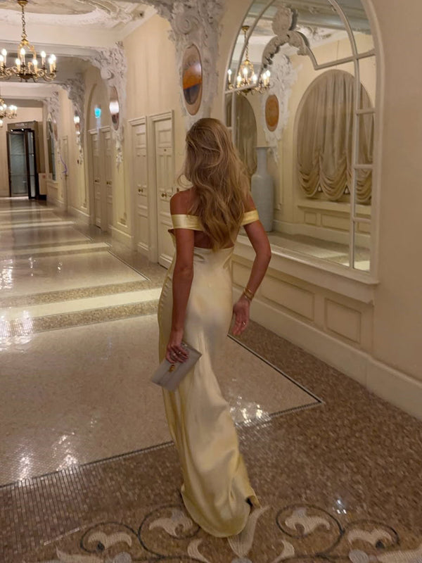 Simple Off Shoulder Yellow Satin Long Evening Prom Dresses, V-neck Prom Dress, MR9668