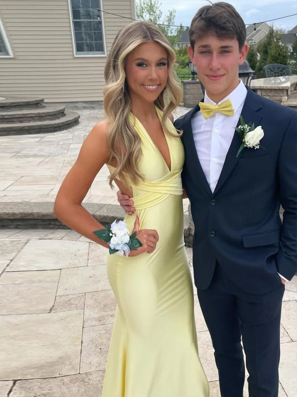 Morden Mermaid V-neck Yellow Long Evening Prom Dresses, MR9670