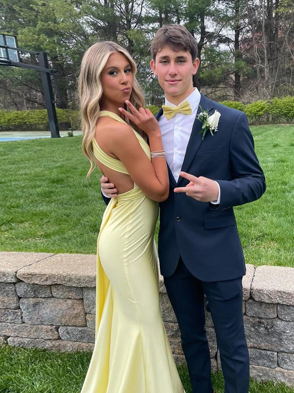 Morden Mermaid V-neck Yellow Long Evening Prom Dresses, MR9670