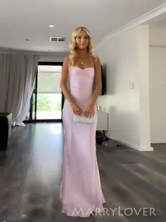 Gorgeous Spaghetti Straps Pink Satin Beaded Mermaid Long Evening Prom Dresses, MR9676