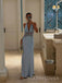 Halter Backless Blue Satin Lace Long Evening Prom Dresses, V-neck Prom Dress, MR9703