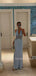 Halter Backless Blue Satin Lace Long Evening Prom Dresses, V-neck Prom Dress, MR9703
