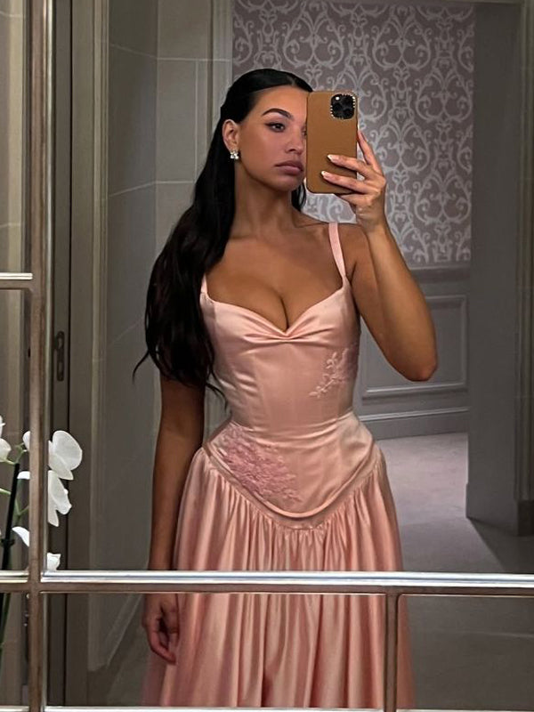 Pink Satin Straps A-line Long Evening Prom Dresses, MR9723