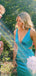 Deep V-neck Mermaid Blue Satin Straps Long Evening Prom Dresses, MR9732