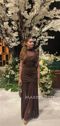 Lovely Brown Chiffon Mermaid Long Evening Prom Dresses, MR9734