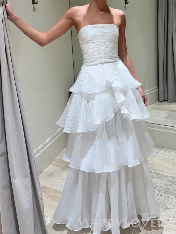 Elegant Strapless White Long Evening Prom Dresses, A-line Wedding Dress, MR9740