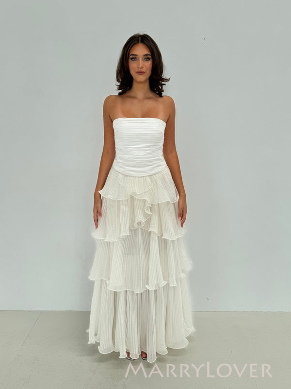 Elegant Strapless White Long Evening Prom Dresses, A-line Wedding Dress, MR9740