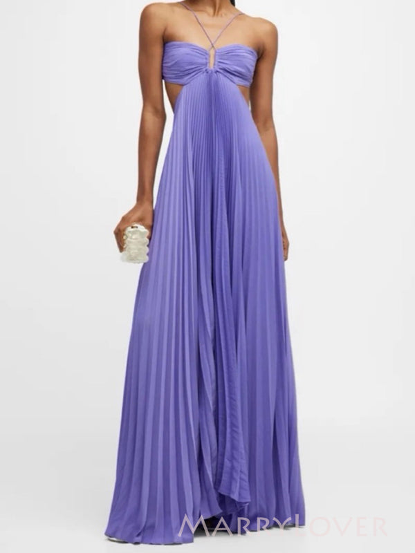 A-line Purple Chiffon SSpaghetti Straps Long Evening Prom Dresses, MR9747