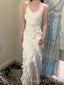 Popular White V-neck Spaghetti Straps Long Evening Prom Dresses, MR9755