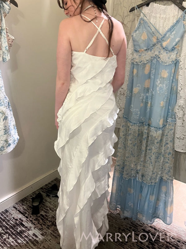 Popular White V-neck Spaghetti Straps Long Evening Prom Dresses, MR9755