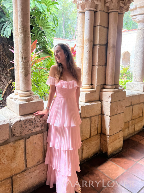 Floor-length Pink Chiffon Off Shoulder Long Evening Prom Dresses, MR9757