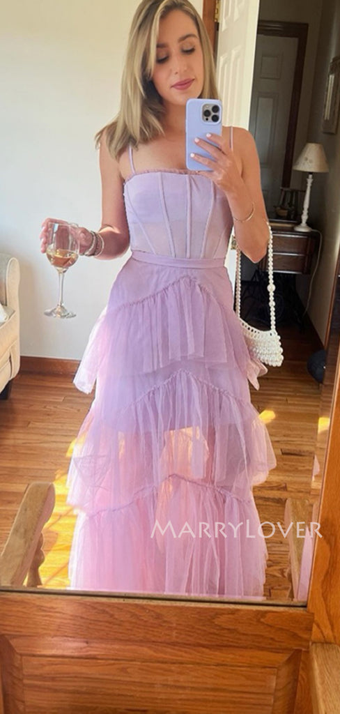 A-line Purple Tulle Long Evening Prom Dresses, MR9767