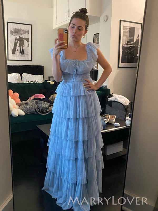 Formal A-line Blue Tulle Long Evening Prom Dresses, MR9770