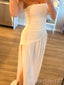 Simple Strapless White Chiffon Long Side Slit Evening Prom Dresses, MR9780