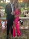 One Shoulder Hot Pink Sequins Side Slit Long Evening Prom Dresses, Mermaid Prom Dress, MR9781