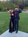 Simple Black Satin High Slit Long Evening Prom Dresses, MR9788