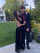 Simple Black Satin High Slit Long Evening Prom Dresses, MR9788
