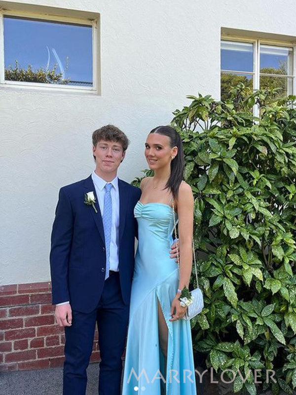 Spaghetti Straps Blue Satin Long Side Slit Evening Prom Dresses, MR9789