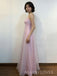 Elegant Spaghetti Straps Pink Organza Appliques Long Evening Prom Dresses, MR9790