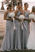 Simple Silver Grey Spaghetti Straps Side Slit Long Bridesmaid Dresses , MRB0001