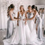 Simple Silver Grey Spaghetti Straps Side Slit Long Bridesmaid Dresses , MRB0001