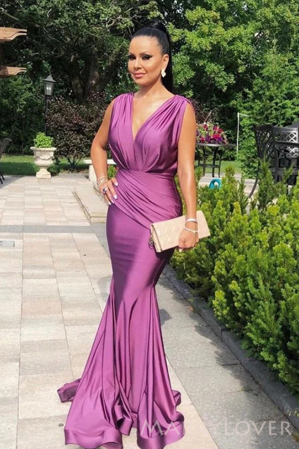 Deep V-neck Satin Mermaid V-neck Long Bridesmaid Dresses , MRB0005