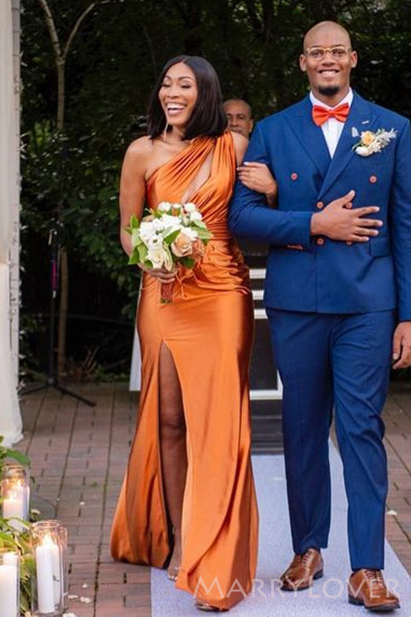 Popular Burnt Orange Satin One Shoulder Mermaid Side Slit  Long Bridesmaid Dresses , MRB0007