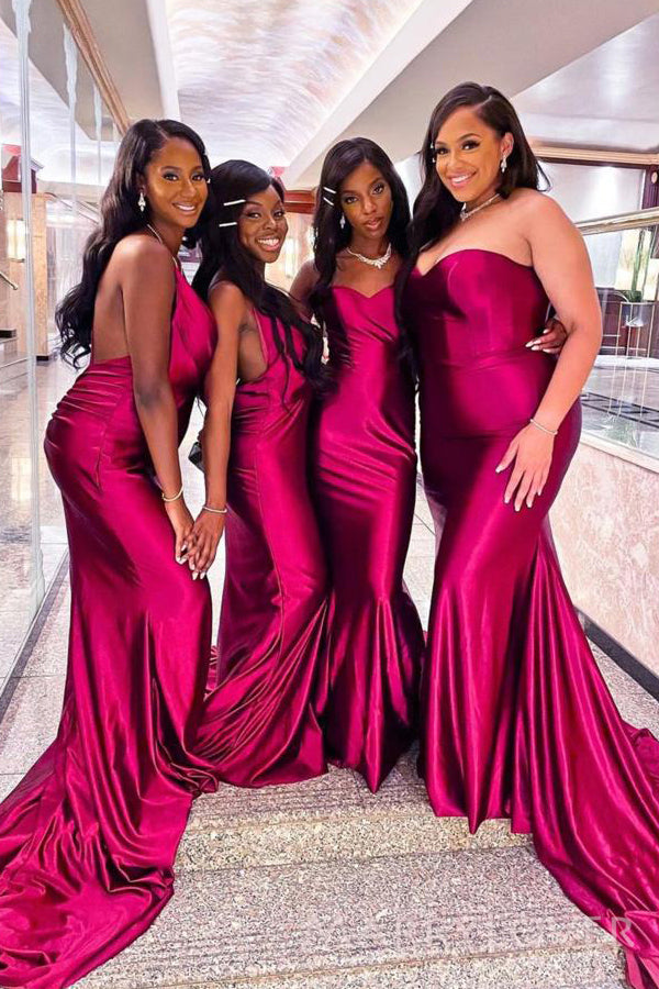 Mismatched Fuchsia Satin Mermaid Long Bridesmaid Dresses , MRB0009