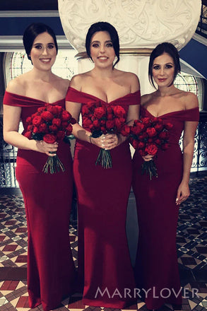 Simple Mermaid Off Shoulder Sweetheart Burgundy Long Bridesmaid Dresses , MRB0013