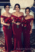 Simple Mermaid Off Shoulder Sweetheart Burgundy Long Bridesmaid Dresses , MRB0013