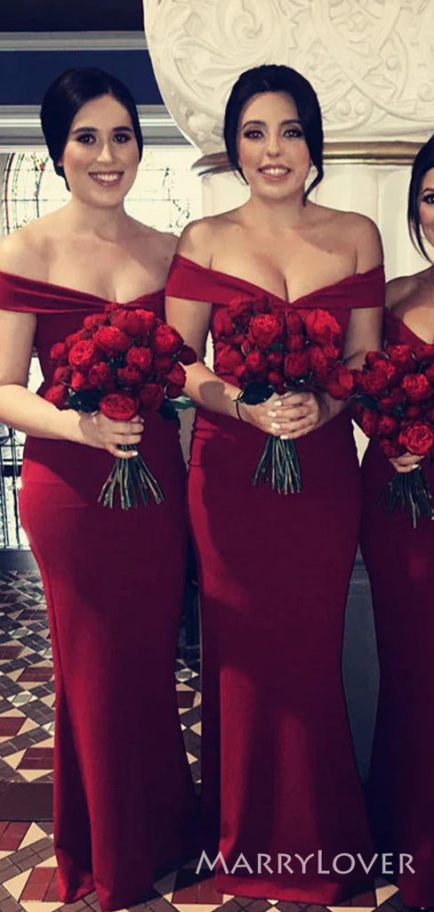 Simple Mermaid Off Shoulder Sweetheart Burgundy Long Bridesmaid Dresses , MRB0013