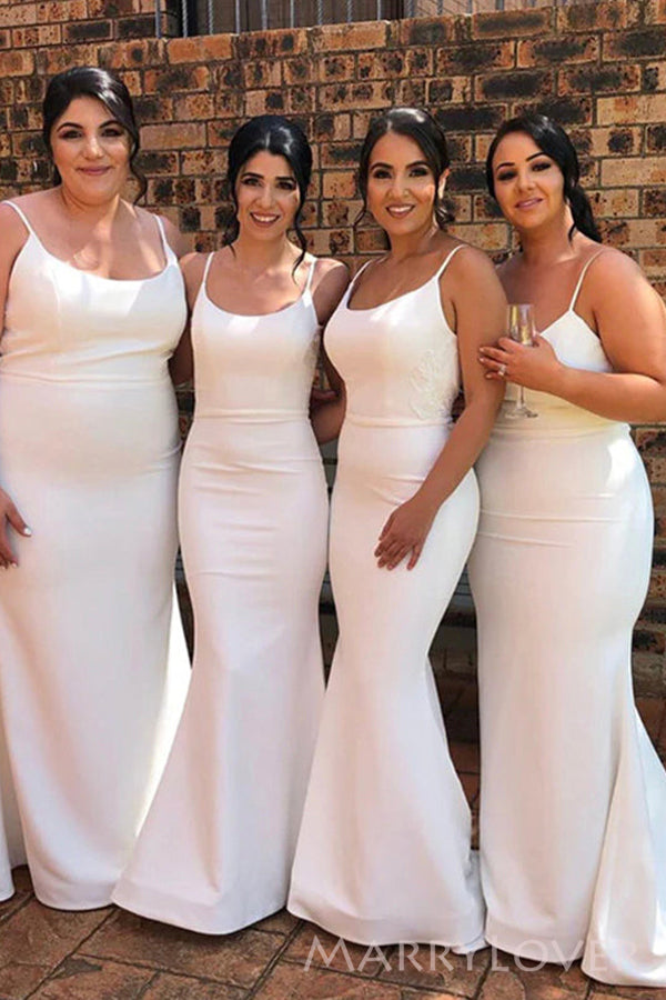 Elegant Spaghetti Straps White Satin Mermaid Long Bridesmaid Dresses , MRB0018