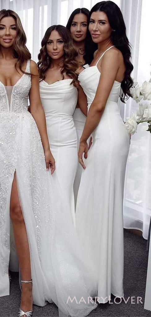 Mermaid White Spaghetti Straps Long Cheap Bridesmaid Dresses , MRB0019