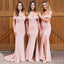 Off Shoulder Pink Satin Mermaid Side Slit Long Bridesmaid Dresses , MRB0020