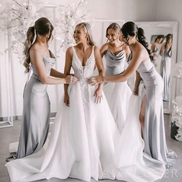 Silver Satin Spaghetti Straps Mermaid Long Bridesmaid Dresses , MRB0021