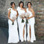 One Shoulder Mermaid White Side Slit Long Cheap Bridesmaid Dresses , MRB0022