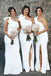 One Shoulder Mermaid White Side Slit Long Cheap Bridesmaid Dresses , MRB0022