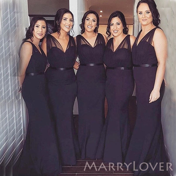 Sexy V-neck Black Mermaid Long Cheap Bridesmaid Dresses , MRB0027