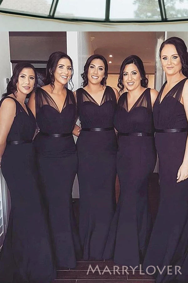 Sexy V-neck Black Mermaid Long Cheap Bridesmaid Dresses , MRB0027